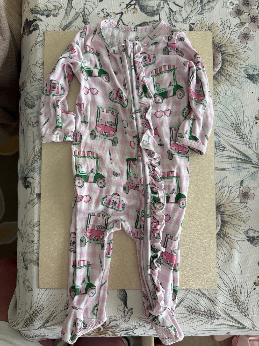 Caden Lane Pink and Green Golf Cart Print Footie with Ruffle Zip